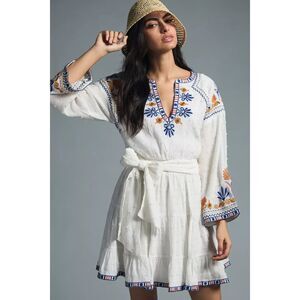 By Anthropologie Embroidered Blue & Orange V-Neck White Mini Dress Sz M